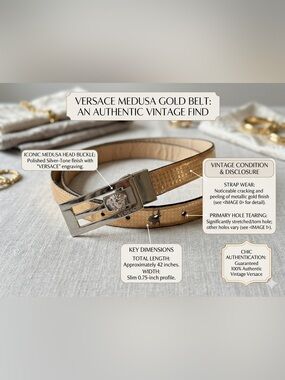 Versace Silver Medusa Buckle Metallic Gold Slim Belt 40" Length AS-IS Vintage